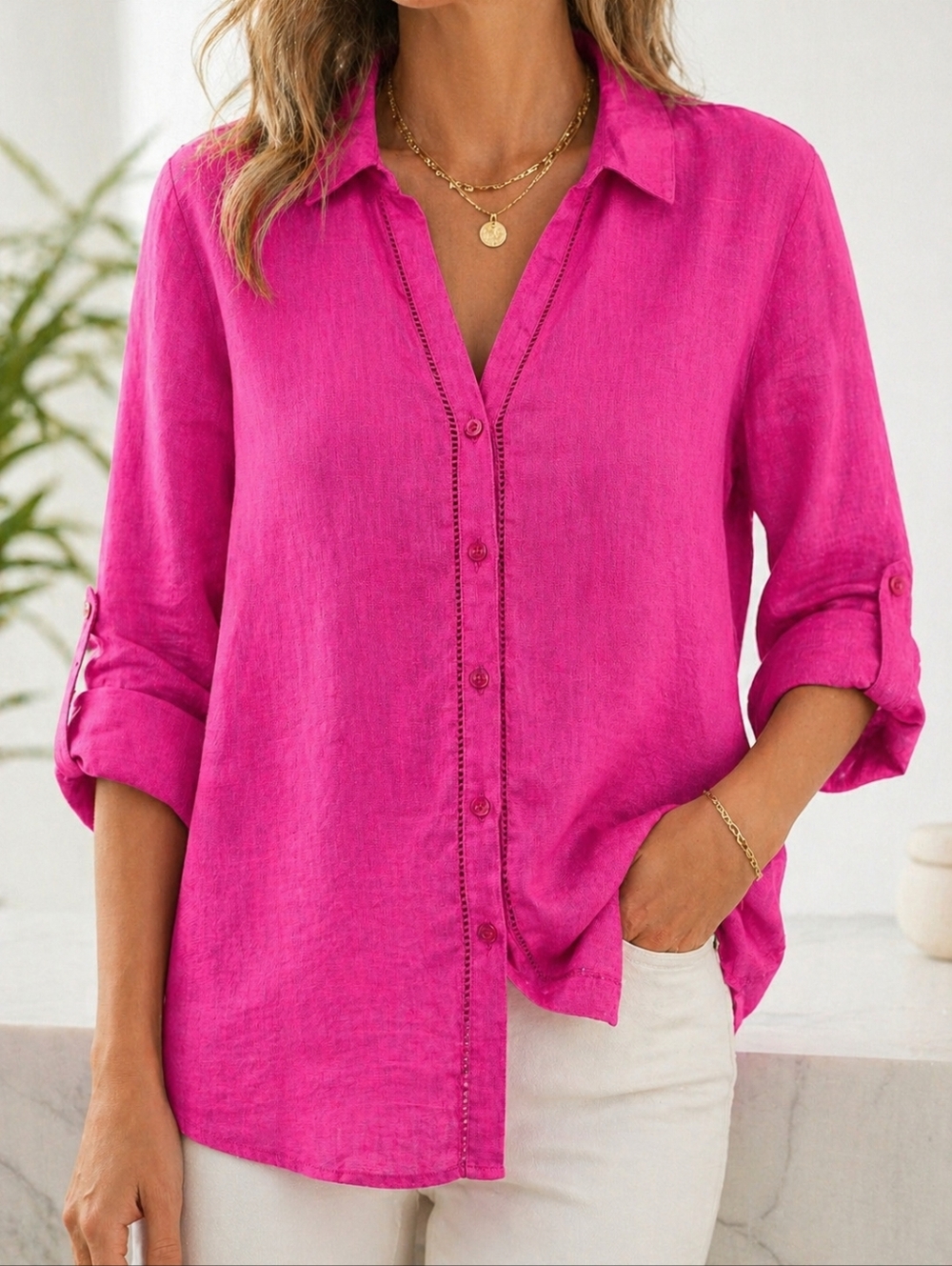 Long Tall Sally Pink Linen Button Up Shirt Women’s 14 Relaxed Fit Lightweight